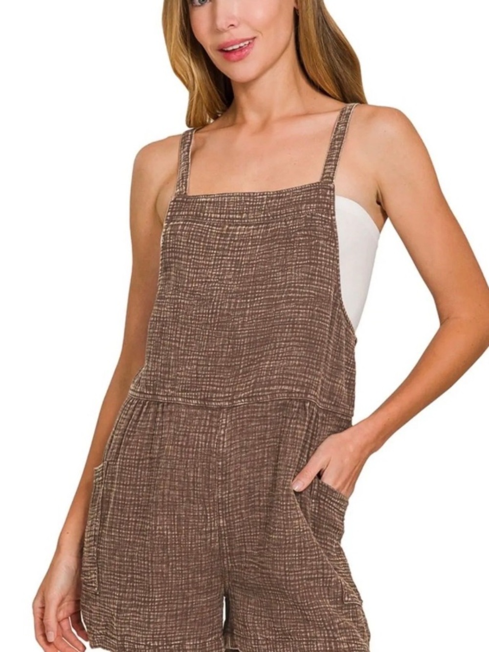 Zenana Brown Textured Tie-back Romper Overalls